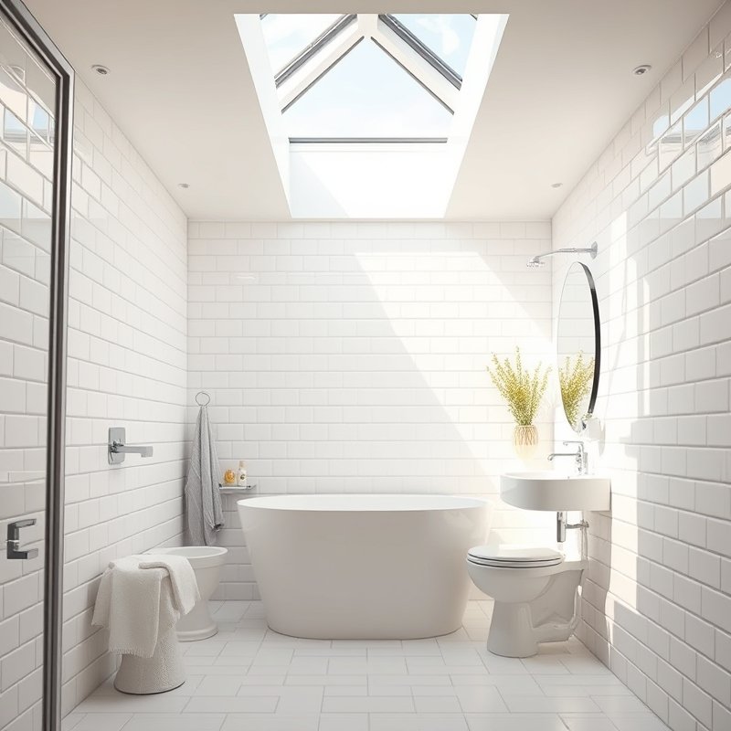 Small bathroom with a skylight casting natural light onto white walls and a freestanding tub