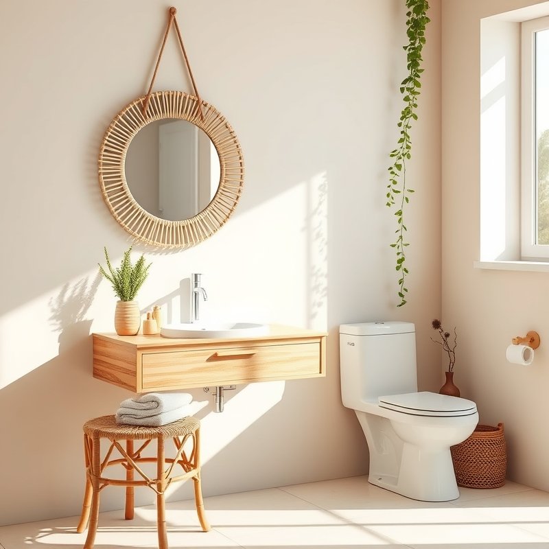 19 Cozy Bathroom Ideas That Make Your Space Feel Warm, Relaxing, and Inviting Try These Today 5 a rattan wastebasket, bamboo stool, and woven mirror frame in a bright bathroom