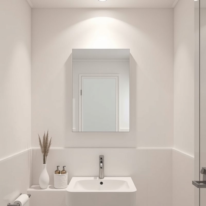 Small bathroom with recessed mirrored cabinet flush with wall, neat and tidy