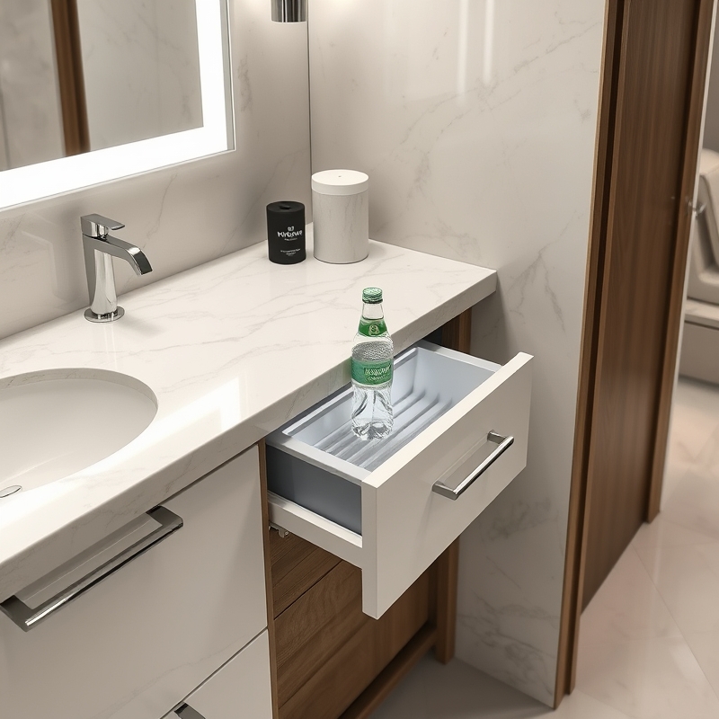 small built-in beverage chiller drawer in a bathroom vanity area