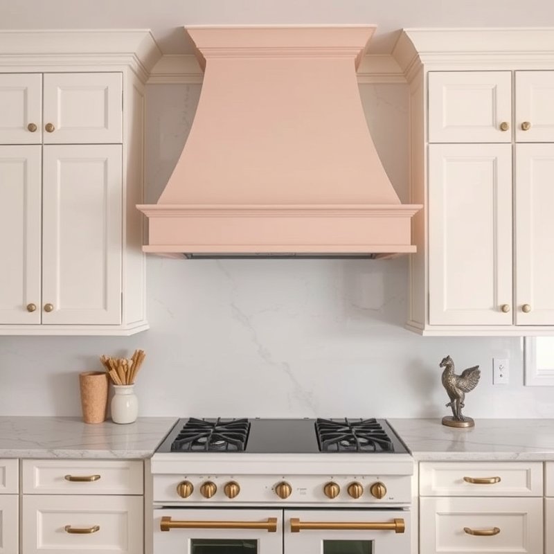 custom blush pink plaster range hood over a white range in a kitchen
