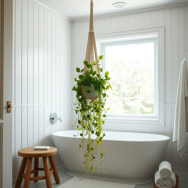 19 Cozy Bathroom Ideas That Make Your Space Feel Warm, Relaxing, and Inviting Try These Today 17 a trailing plant in a macramé hanger suspended near a bathroom window