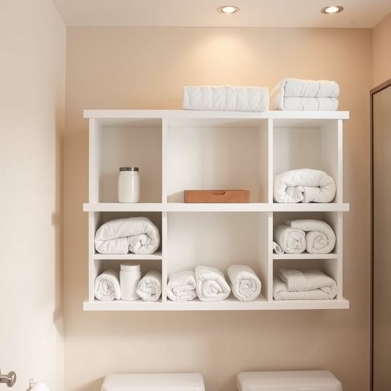 21 White Bathroom Ideas That Make Your Space Feel Clean, Bright, and Luxurious Start Today 21 open shelving unit with neatly rolled white towels