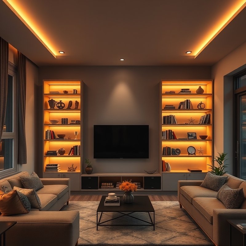 21 Living Room Ideas 2026 That Bring Fresh Trends and Modern Style Into Your Home Stay Ahead Now 22 Living room shelves with recessed warm LED strips creating a soft glow