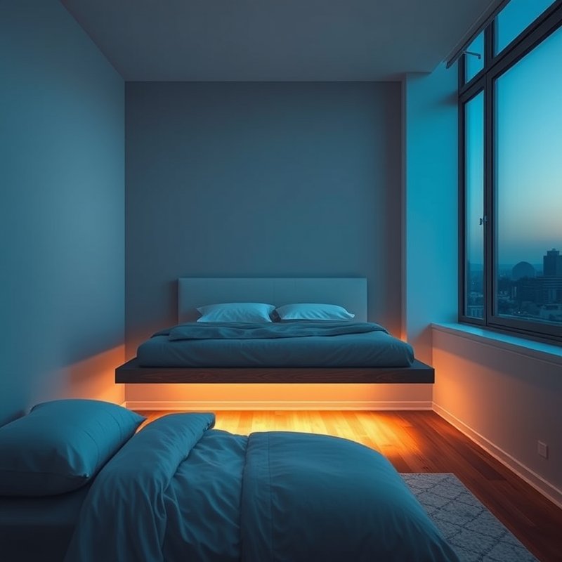 soft LED light strip glowing under bed in dark room