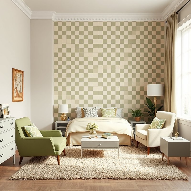 22 Teen Bedroom Ideas That Look Trendy, Cozy, and Pinterest Perfect Start Your Room Makeover 18 Retro checkered accent wall in sage and cream with curved headboard