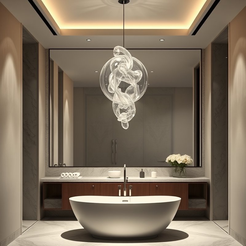 23 Modern Luxury Bathroom Ideas That Create a Sleek and Elegant Retreat You’ll Love This 19 sculptural pendant light above bathtub in luxury bathroom