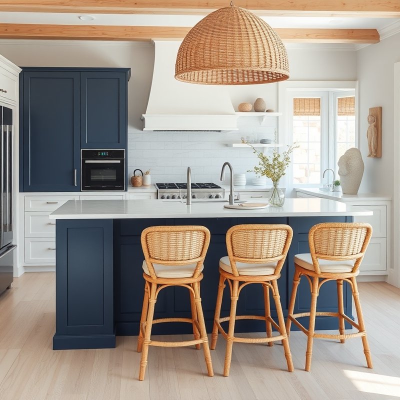 blue kitchen island with four woven rattan bar stools with cushions