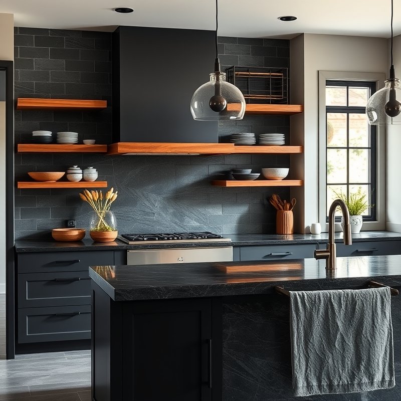 textured black slate tile backsplash with wood open shelves in a kitchen
