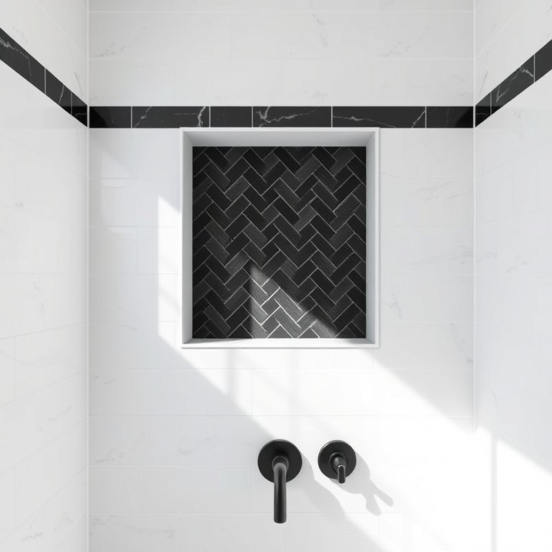 24 Black and White Bathroom Ideas That Create a Timeless, Elegant Look You Must Try 6 shower niche with black herringbone tile pattern