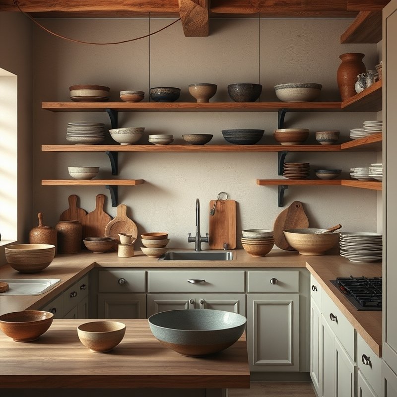 19 Cozy Kitchen Ideas That Make Your Space Feel Warm and Inviting You Must Try These 11 display of stoneware pottery and handmade bowls on open kitchen shelves