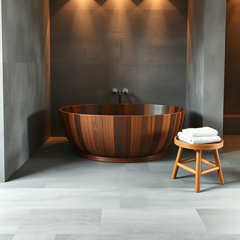 freestanding wooden bathtub in a minimalist bathroom