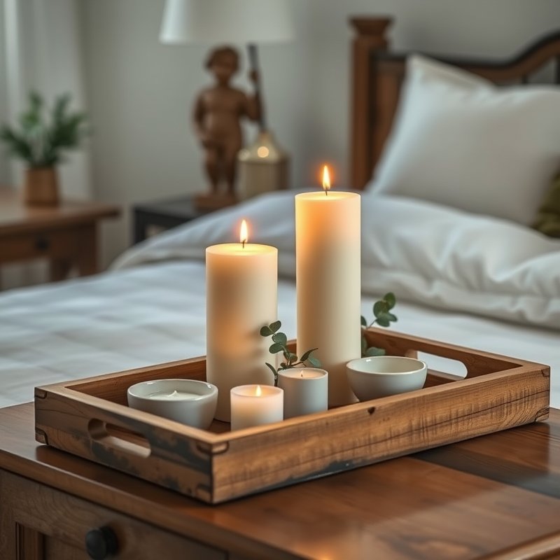 nightstand with a wooden tray holding an arrangement of pillar candles and dried botanicals