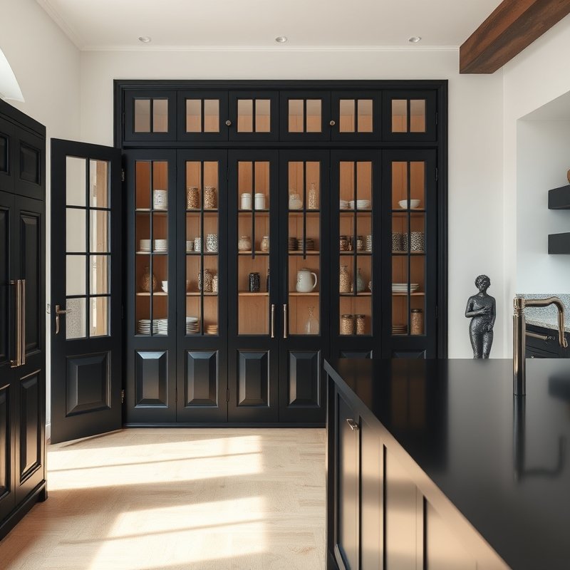 black-framed glass pantry doors in a white kitchen with organized shelves inside