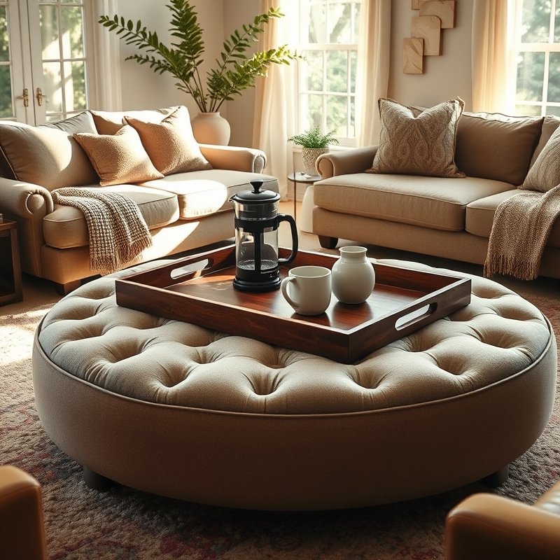 21 Living Room Ideas 2026 That Bring Fresh Trends and Modern Style Into Your Home Stay Ahead Now 8 Round ottoman with wooden tray holding coffee cups and carafe