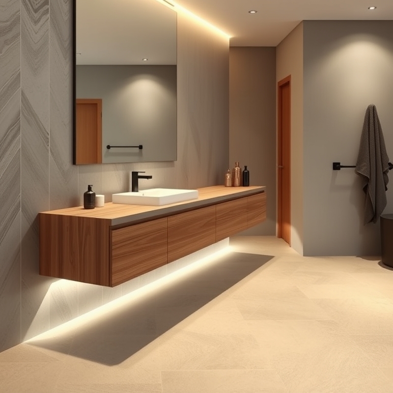 low floating wooden vanity with under-cabinet lighting