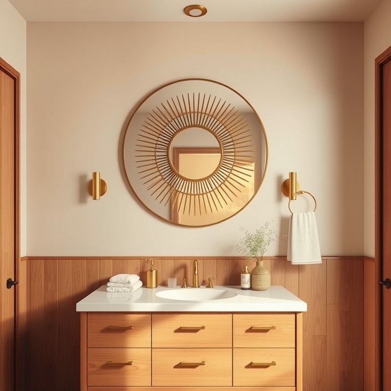 starburst mirror and wall art in mid century bathroom
