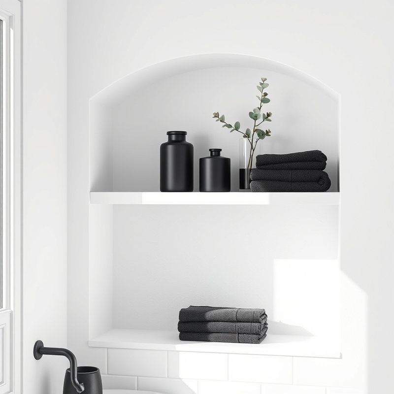 24 Black and White Bathroom Ideas That Create a Timeless, Elegant Look You Must Try 19 white built-in bathroom shelves styled with black ceramic accessories