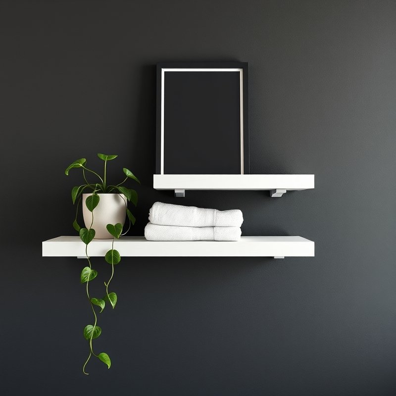 24 Black and White Bathroom Ideas That Create a Timeless, Elegant Look You Must Try 21 white floating wood shelves on a black painted wall with folded towels