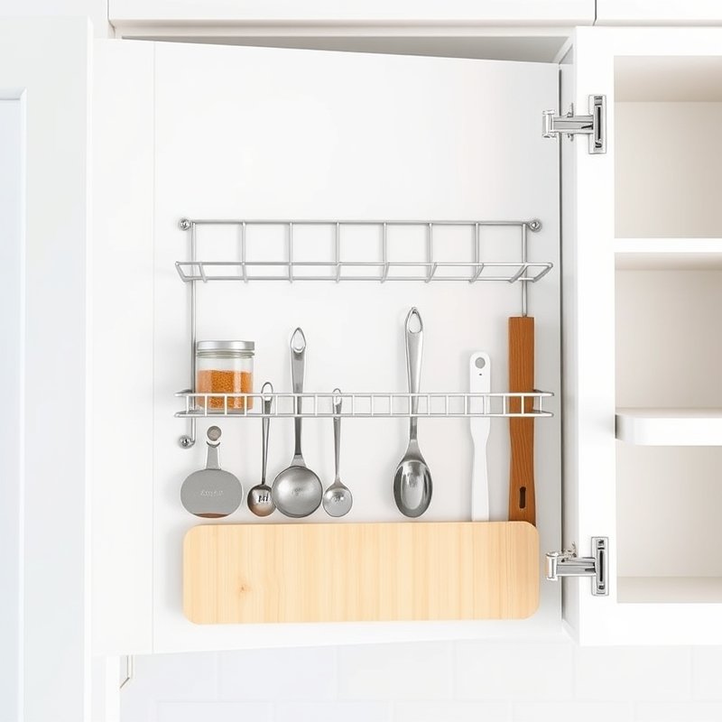 open cabinet door with wire racks holding spice jars and measuring spoons