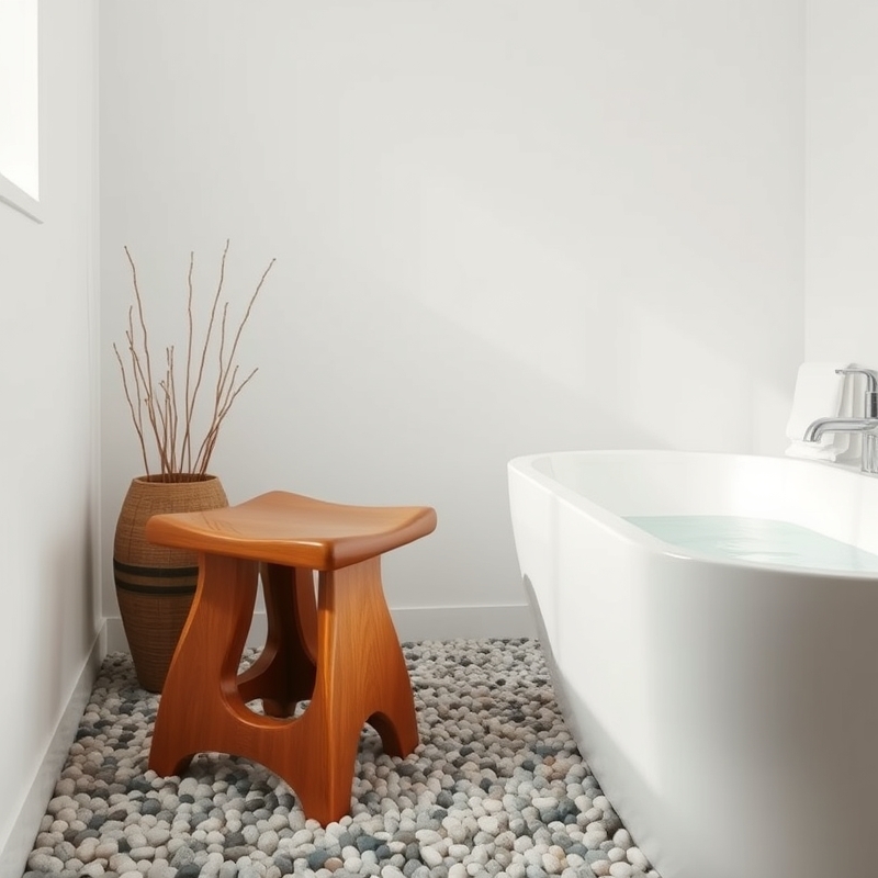 teak stool in mid century modern bathroom