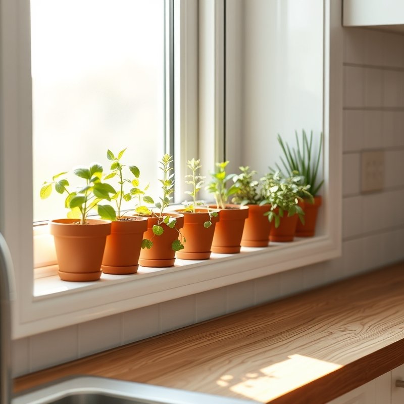 Windowsill full of terra cotta pots with herbs