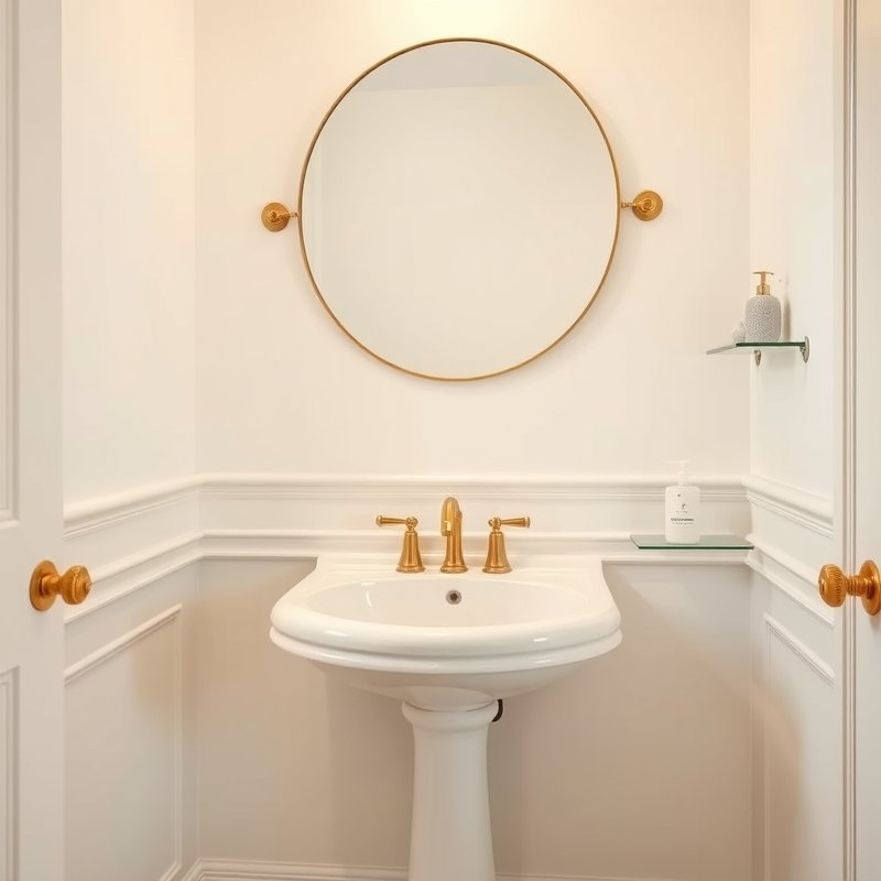 21 White Bathroom Ideas That Make Your Space Feel Clean, Bright, and Luxurious Start Today 18 white pedestal sink with a round gold-framed mirror above it