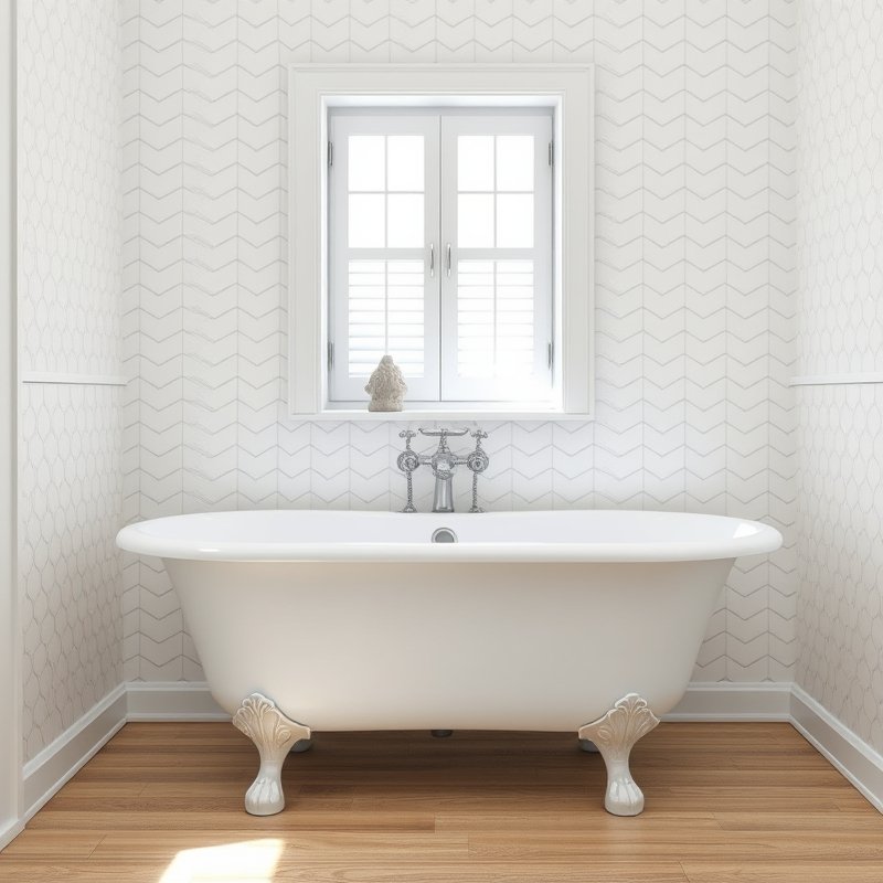 21 White Bathroom Ideas That Make Your Space Feel Clean, Bright, and Luxurious Start Today 7 freestanding bathtub against a white herringbone tile accent wall