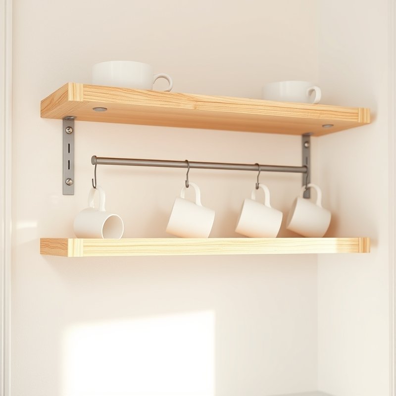 small kitchen corner with two floating shelves and hanging coffee mugs