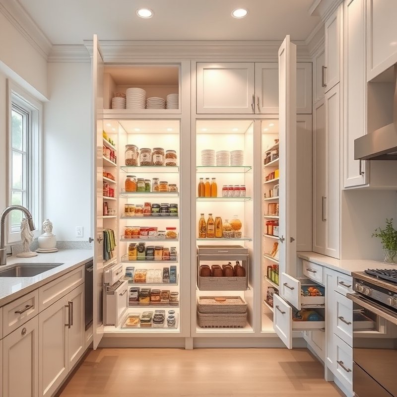 24 Kitchen Cabinets Ideas That Maximize Storage and Elevate Your Space Upgrade Your Kitchen Today 2 tall pantry pull-out cabinets reaching the ceiling in a light kitchen