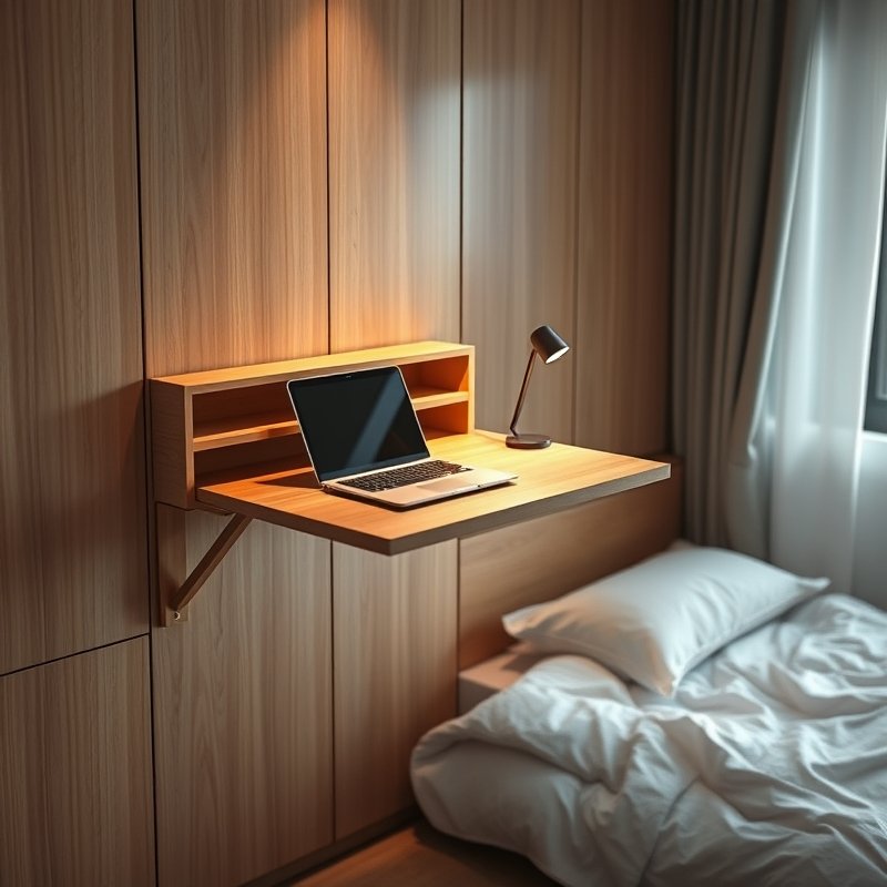 fold-away desk open with laptop in small bedroom
