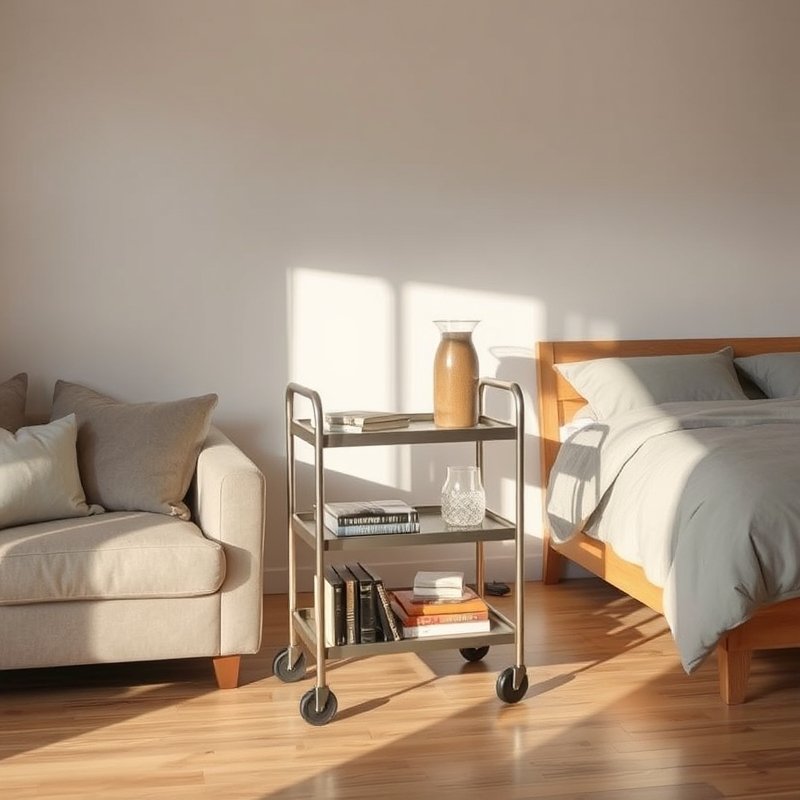 18 Living Room and Bedroom Combo Ideas That Save Space Without Sacrificing Style Try These Now 19 three tier rolling cart styled as a side table near a sofa and bed