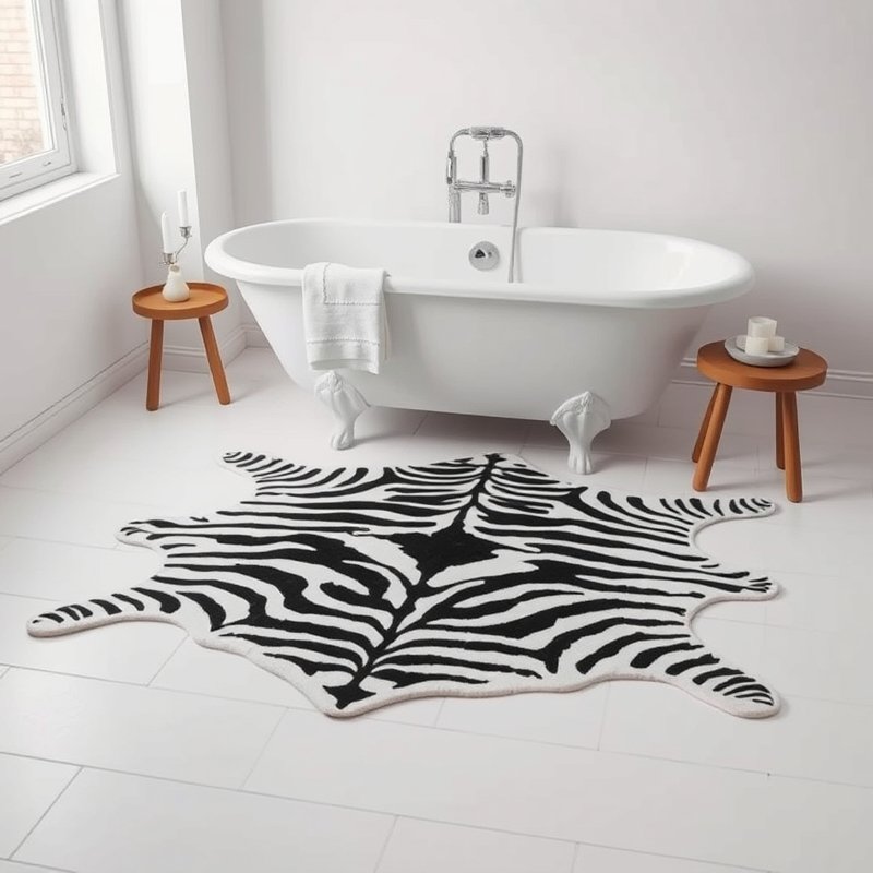 24 Black and White Bathroom Ideas That Create a Timeless, Elegant Look You Must Try 9 zebra print rug on white bathroom floor near a freestanding tub
