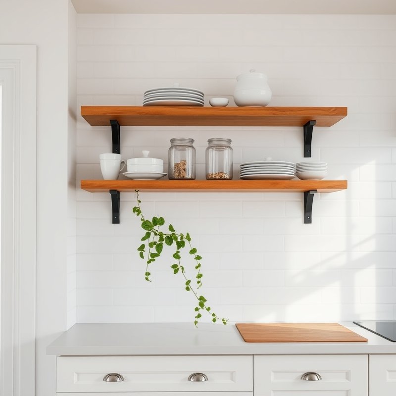 white kitchen with warm oak open shelves displaying white dishware, glass jars, and a small trailing plant