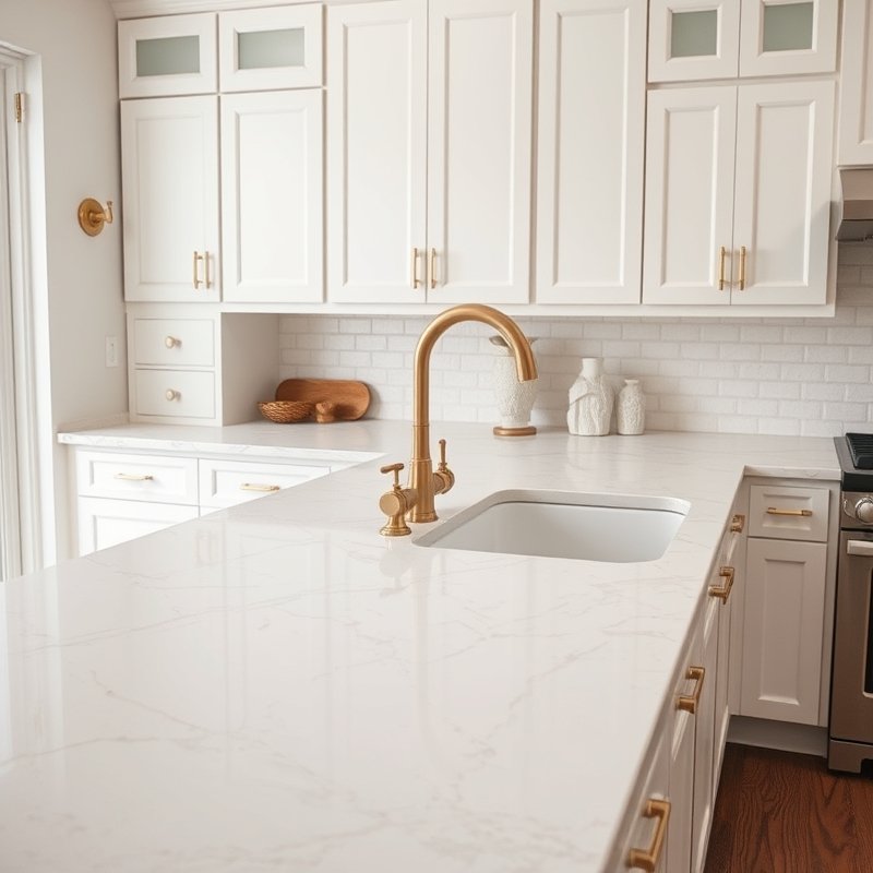 kitchen with white cabinets and pale pink marble countertops with subtle veining