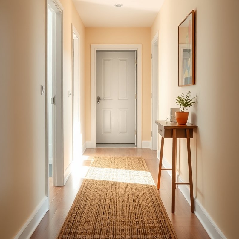 light jute runner rug in a narrow hallway with pale walls and natural light