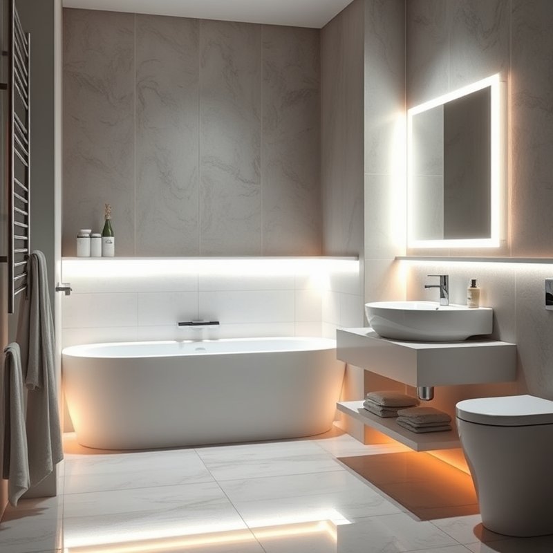 Floating vanity in small bathroom with soft LED light glowing underneath onto the floor
