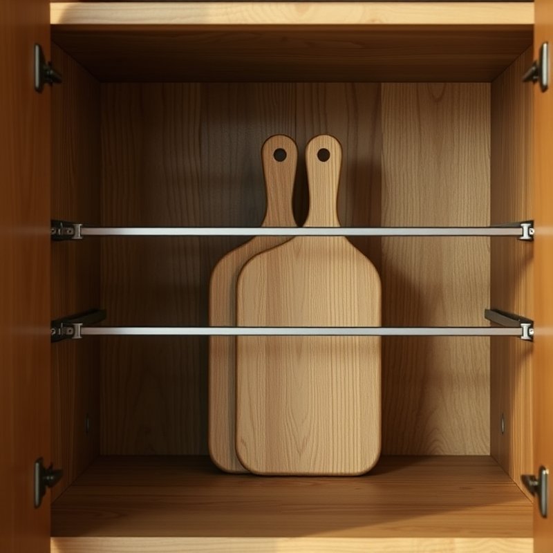 21 Kitchen Organization Ideas That Declutter Your Space and Make Cooking Easier Try These Now 18 cabinet interior with two tension rods creating a divider to hold cutting boards vertically
