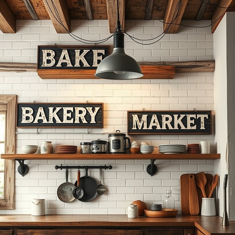 Vintage metal and wood signs saying Bakery and Market in a rustic kitchen