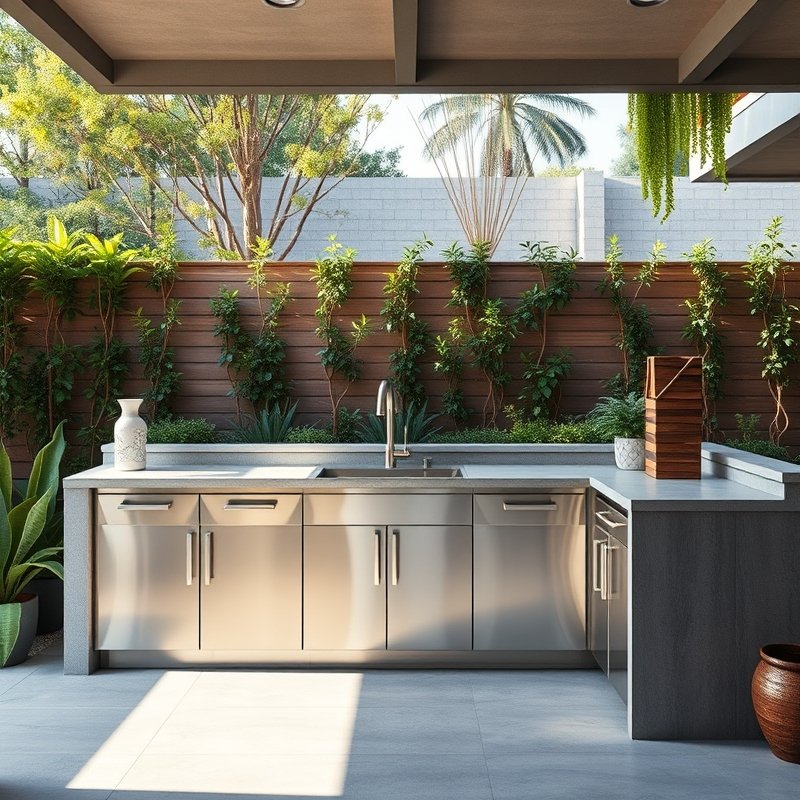 23 Kitchen Outdoor Ideas That Create the Perfect Backyard Cooking Space Start Designing Today 7 row of stainless steel outdoor cabinets under a concrete countertop