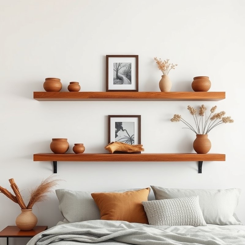 boho bedroom wall with rustic floating wood shelves displaying travel souvenirs and ceramics