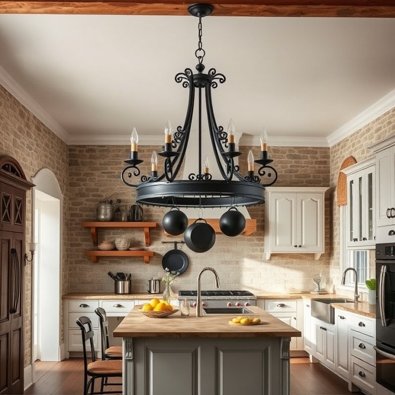 Wrought iron chandelier and pot rack in a rustic kitchen