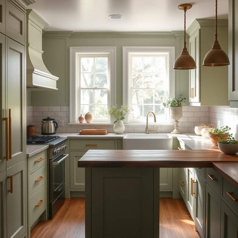 14 Cottage Kitchen Ideas That Create a Charming, Rustic, and Timeless Look Get Inspired Today 7 soft sage green kitchen cabinets with brass handles and open shelves