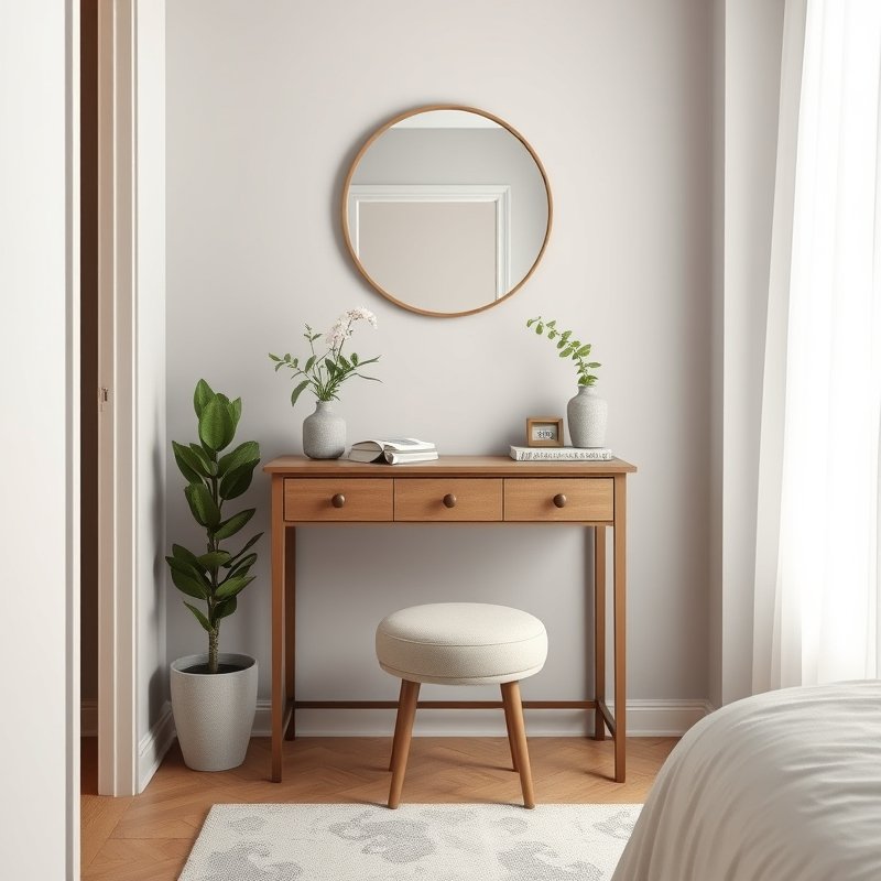 slim console table with stool in small bedroom