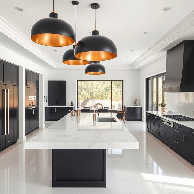 row of three matte black dome pendants over a white marble kitchen island