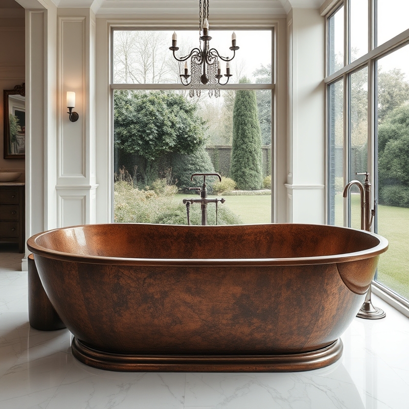 warm copper freestanding bathtub in a light-filled luxury bathroom