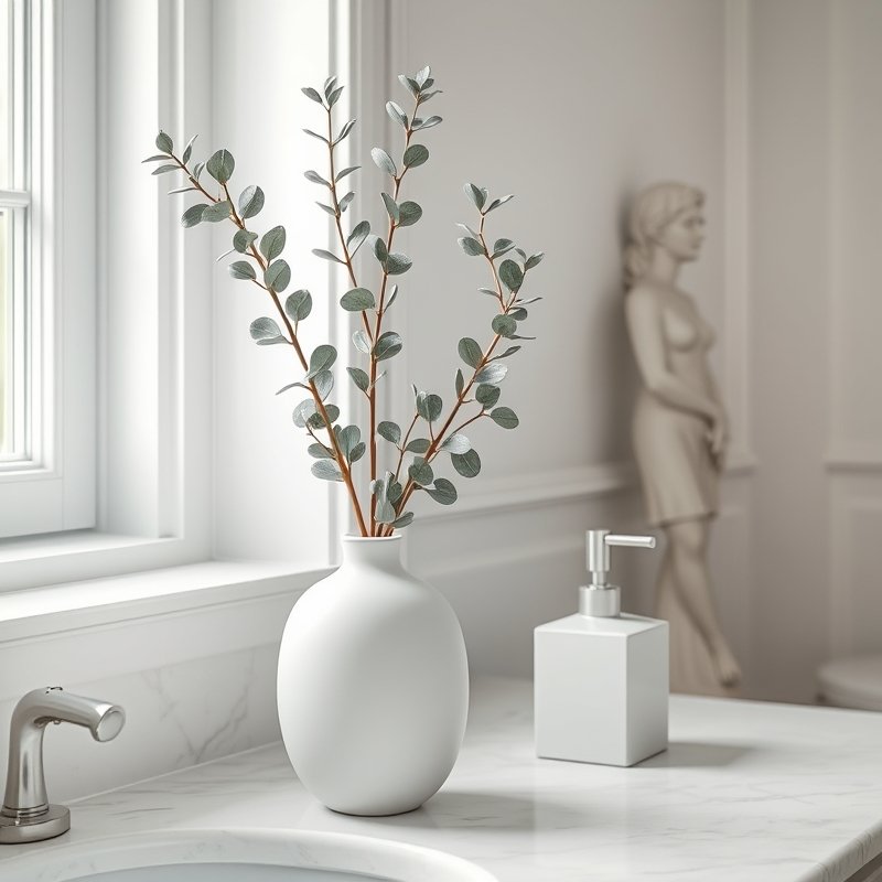 21 White Bathroom Ideas That Make Your Space Feel Clean, Bright, and Luxurious Start Today 20 white porcelain vase with dried eucalyptus stems on a bathroom counter