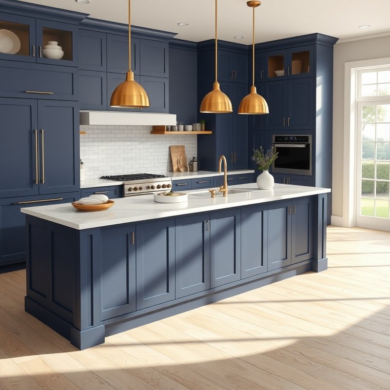 22 Island Kitchen Ideas That Add Style, Storage, and Function Upgrade Your Space Today 16 two-tone kitchen island with navy blue base and white quartz countertop