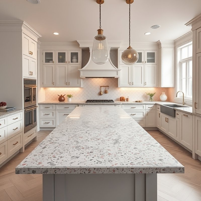kitchen island with pink-toned terrazzo countertop, white cabinets, pendant lights