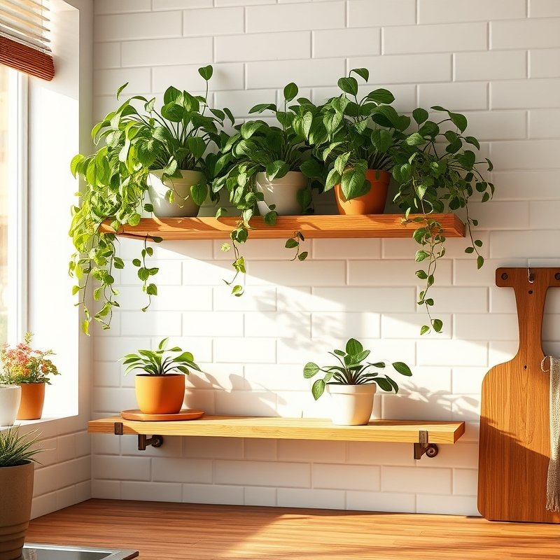 Long bamboo floating shelf with hanging plants